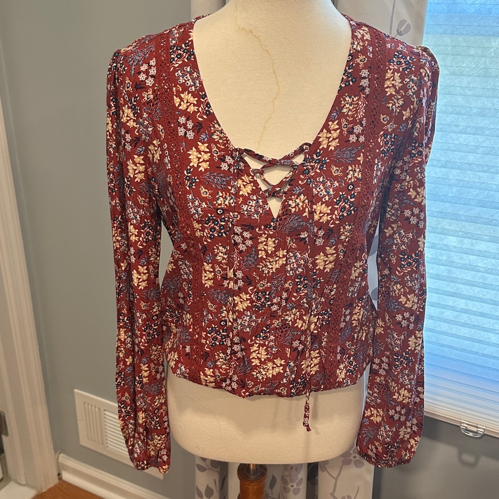 Self Esteem Floral Lace-Up Blouse - Burgundy and White